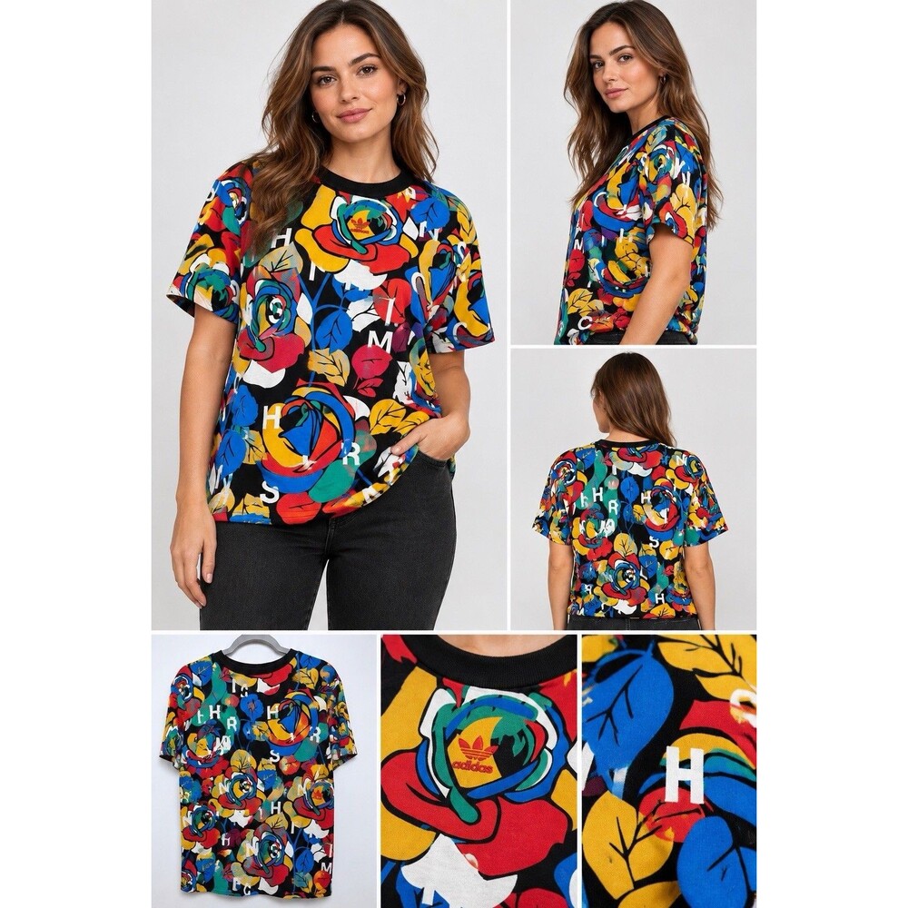 Adidas x Rich Mnisi HC4474 Women L Floral Graphic T Shirt Multicolor Trefoil
